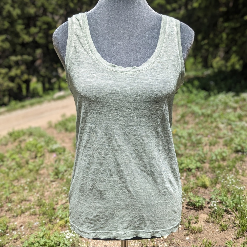 120% Lino Mila Pure Linen Tank Top Small Heathered Sage Green Scoop Neck Summer‎